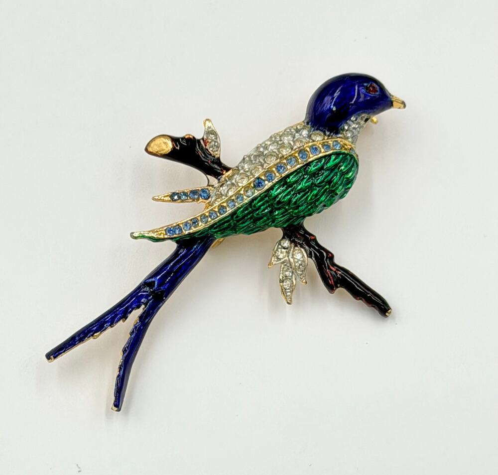 Vintage Sphinx of London Enamel & Rhinestone Gold Plated Bird Brooch Pin A2012